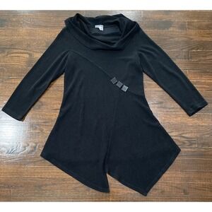 Yushi Textured Asymmetrical Hem Black Dress Sz S Button Detail Slouchy Cowl Neck